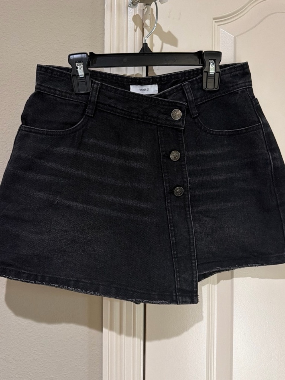 Forever 21 Black Asymmetrical Button-Front Denim Mini Skirt